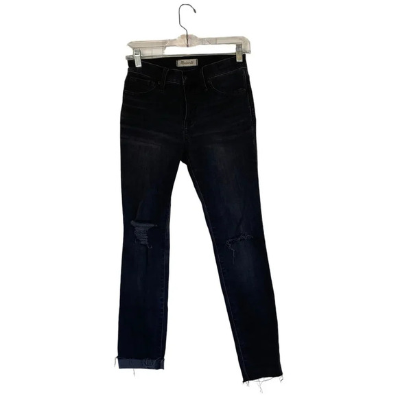 MADEWELL Petite 9 Inch  Mid-Rise Skinny Jeans in Black Sea Size 26P Distressed - Picture 2 of 11